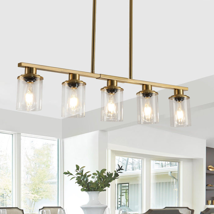 Modern Industrial 5-Light Chandelier with Clear Glass Shades, Golden Metal Frame Hanging Ceiling Light Fixture for Dining Room, Kitchen Island, Living Room (No Bulbs)