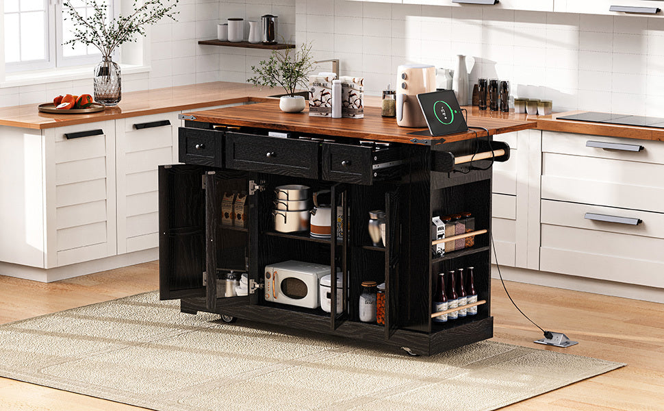 53'' Farmhouse Kitchen Island with Two Tempered Glass Cabinet Doors, Power Outlet, Rolling Kitchen Cart on Wheels with Drop Leaf, 5 Open Side Racks, 3 Drawers, for Kitchen, Dining Room, Black - DTYStore