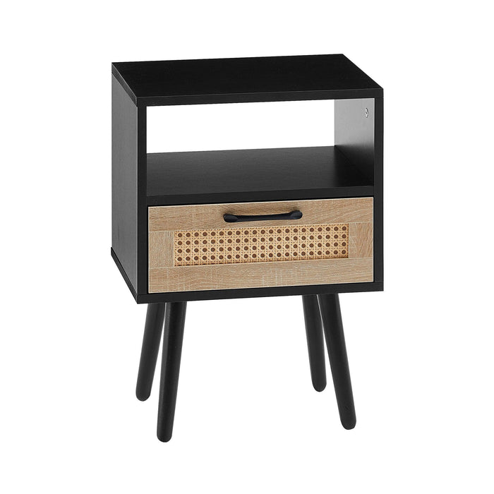 15.75" Rattan End table with drawer and solid wood legs, Modern nightstand, side table for living room, bedroom, black - DTYStore
