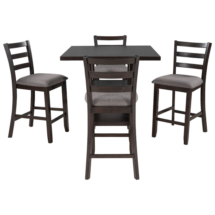 5-Piece Wooden Counter Height Dining Set with Padded Chairs and Storage Shelving