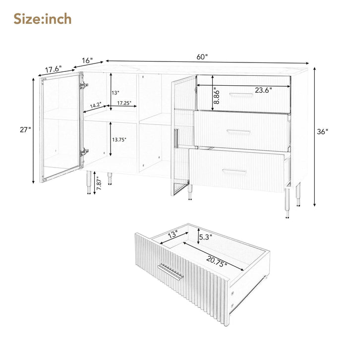 Modern Sideboard MDF Buffet Cabinet with Marble Sticker Tabletop and Glass Doors