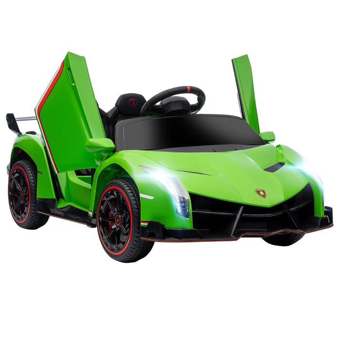 Lamborghini Veneno Licensed Kids Electric Car with Bluetooth, 12V Ride on Car with Butterfly Doors, Remote Control, Suspension System, Horn, Songs, Lights, Green