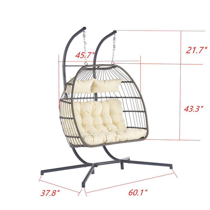 2 Person Outdoor Rattan Hanging Chair Patio Wicker Egg Chair - DTYStore