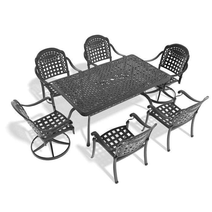 7-Piece All-Weather Cast Aluminum Dining Set, Include 2 Swivel Chairs,4 Dining Chairs and Rectangular Table With Black Frame - DTYStore