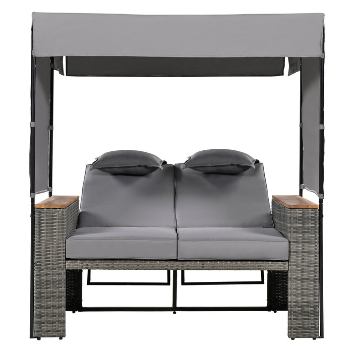 2-Piece Outdoor Rattan Daybed, Outdoor Bed with 5 Positions, Outdoor Loveseat Patio Sofa with Bench Lounge Roof Set and Cushions for Poolside, Backyard and Garden (Grey Wicker + Grey Fabric) - DTYStore