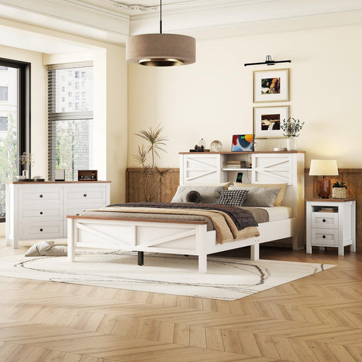 3-Pieces Bedroom Sets Queen Size Farmhouse Platform Bed with Double Sliding Door Storage Headboard, Storage Nightstand and Dresser, White+Brown - DTYStore