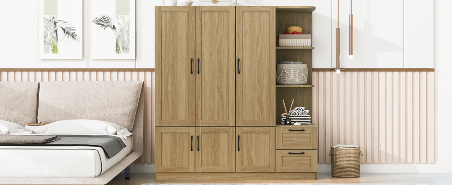 3 Door Wooden Storage Wardrobe for Dedroom with Shelves and 2 Drawers, Side Storage Shelves,Nature - DTYStore