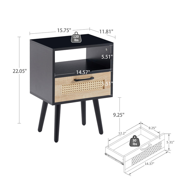 15.75" Rattan End table with drawer and solid wood legs, Modern nightstand, side table for living room, bedroom, black - DTYStore