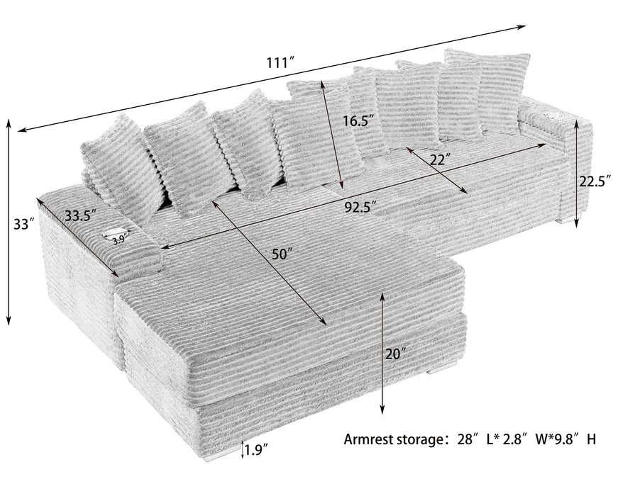 111.4-inch green corduroy sofa with cup holders and lockers on the armrests and a reversible chaise lounge (which can be swapped left and right) is suitable for living rooms and bedrooms. - DTYStore