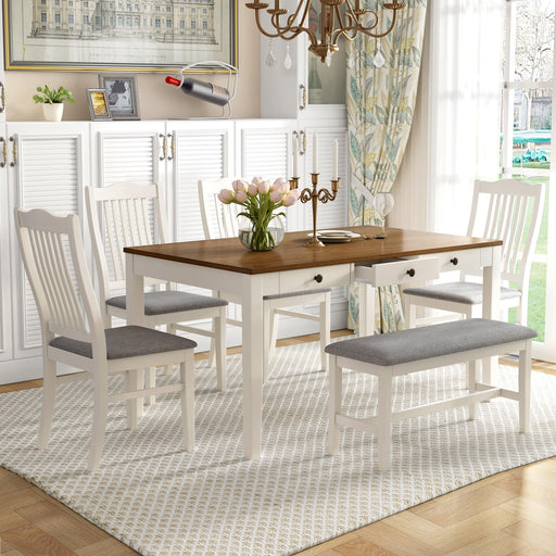Mid-Century 6-Piece Wood Dining Table Set, Kitchen Table Set with Drawer, Upholstered Chairs and Bench, Butter Milk - DTYStore