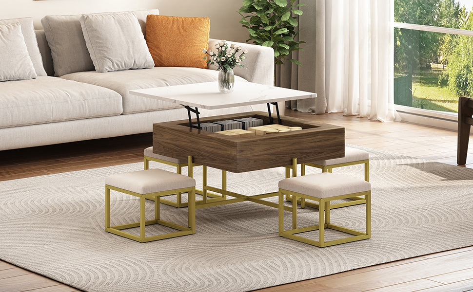 Modern Square Lift-Top Coffee Table Set with Storage & 4 Ottomans White & Walnut - DTYStore
