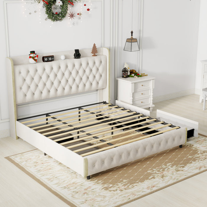 Queen size bed frame with 4 drawers, Star Projector Galaxy Light, Wingback Upholstered Headboard with Diamond Button, USB Charger and music speaker, PU Leather - DTYStore