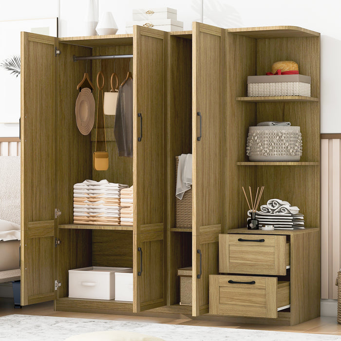 3 Door Wooden Storage Wardrobe for Dedroom with Shelves and 2 Drawers, Side Storage Shelves,Nature - DTYStore