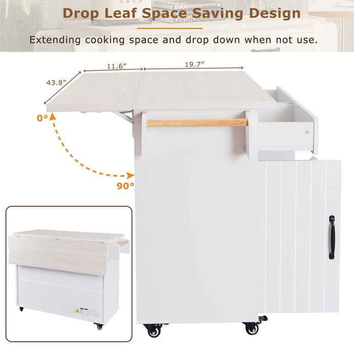 Kitchen Island with Trash Can Storage Cabinet, Kitchen Cart with Drop Leaf, Spice Rack, Towel Rack and Drawer, Rolling Kitchen Island on Wheels with Adjustable Shelf, White - DTYStore