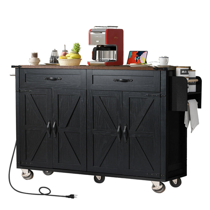 K&K 53.5''Farmhouse Kitchen Island with Power Outlet, Kitchen Storage Island with Drop Leaf, Spice Rack and Drawer, Rolling Kitchen Cart on Wheels, for Home, Kitchen and Dining Room, Black