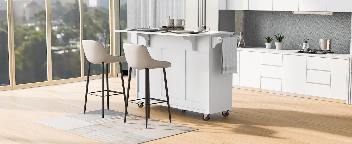 K&K 53.2'' Kitchen Island with Drop Leaf, Kitchen Storage Cart with Spice Rack, Towel Rack and 2 Drawers, Rolling Kitchen Island on Wheels with Adjustable Shelves for Kitchen, Dining Room, White