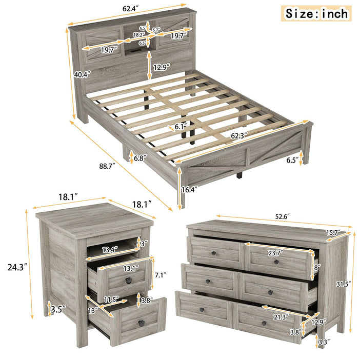 3-Pieces Bedroom Sets Queen Size Farmhouse Platform Bed with Double Sliding Door Storage Headboard and Charging Station, Storage Nightstand and Dresser, Antique Gray