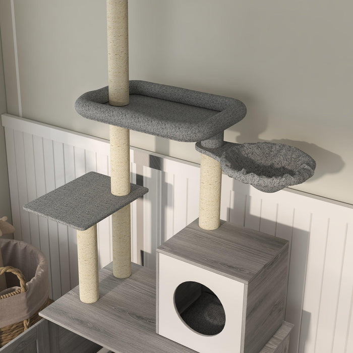 Cat Tree with Litter Box Enclosure, 2 in 1 Floor to Ceiling Cat Tower Litter Box Furniture with Condo, Bed, Hammock, Scratching Posts, and Platforms for Indoor Use, Gray