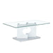 A rectangular modern and fashionable coffee table with tempered glass tabletop and white MDF legs. Suitable for living room.47.2"*25.5"*18"