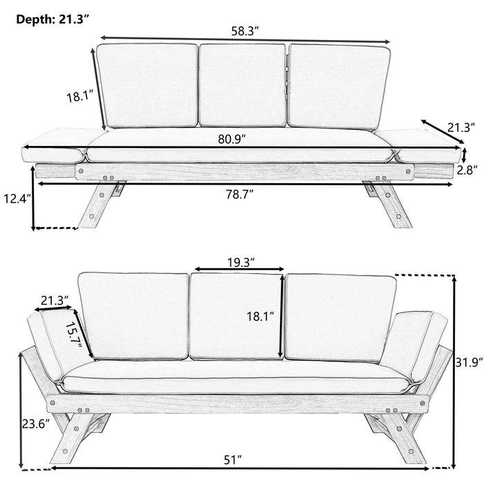 Outdoor Adjustable Patio Wooden Daybed Sofa Chaise Lounge with Cushions for Small Places