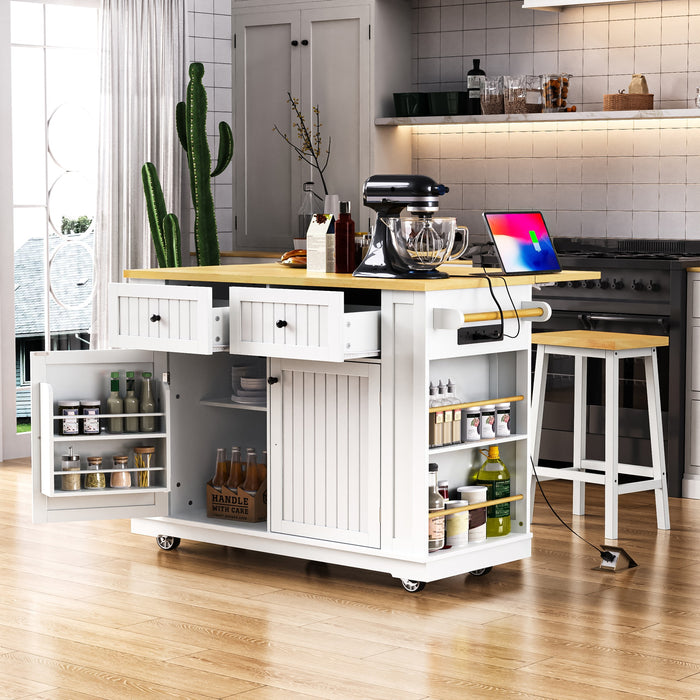48inch Large Kitchen Island with 2 Bar Stools, Power Outlet, Door Internal Storage Rack, Kitchen Storage Cart on 5 Wheels with Drop Leaf, 5 Open Side Racks, 2 Drawers,for Kitchen,Dining Room,White - DTYStore