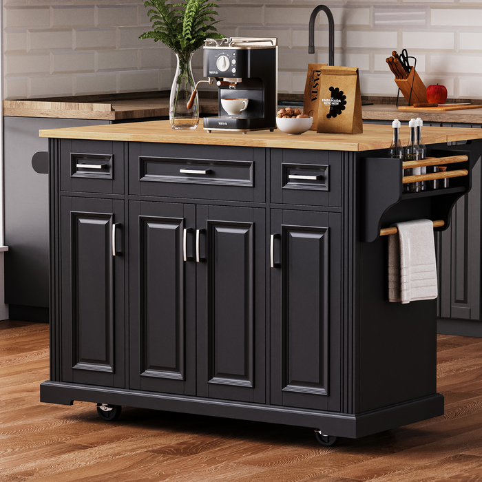 54inch Large Kitchen Island with Rubber Wood Drop Leaf, Embossed Texture Rolling Kitchen Cart on 4 Wheels with 4 Doors and 3 Drawers, Kitchen Island with Storage for Kitchen, Dining Room,Black - DTYStore