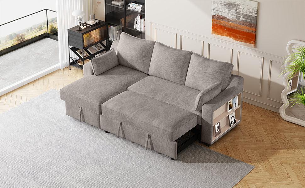 90" Pull Out Sleeper Sofa L-Shaped Couch Convertible Sofa Bed with Storage Chaise, Storage Racks and USB Ports, Light Brown