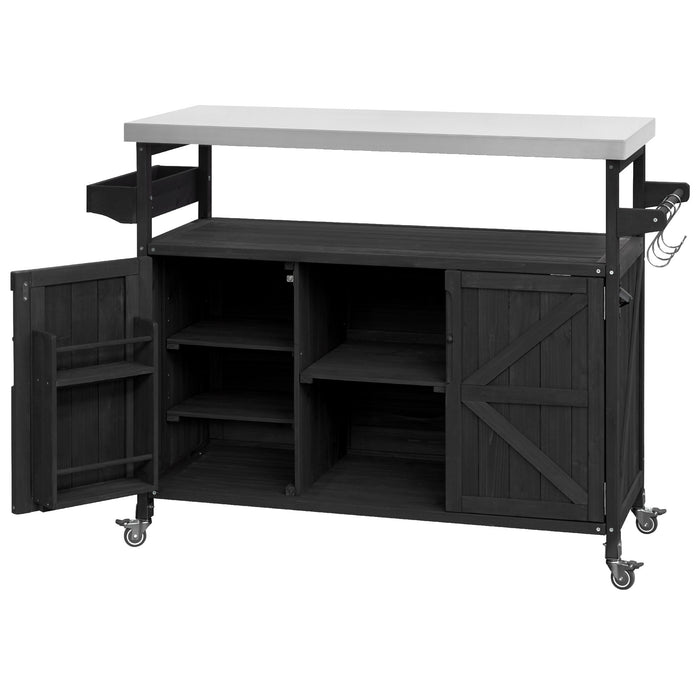 Outdoor Kitchen Island, Rolling Bar Cart & Storage Cabinet, Farmhouse Solid Wood Outdoor Grill Table with Stainless Steel Top, Spice Rack , Towel Rack for Kitchen & Barbecue, Black - DTYStore