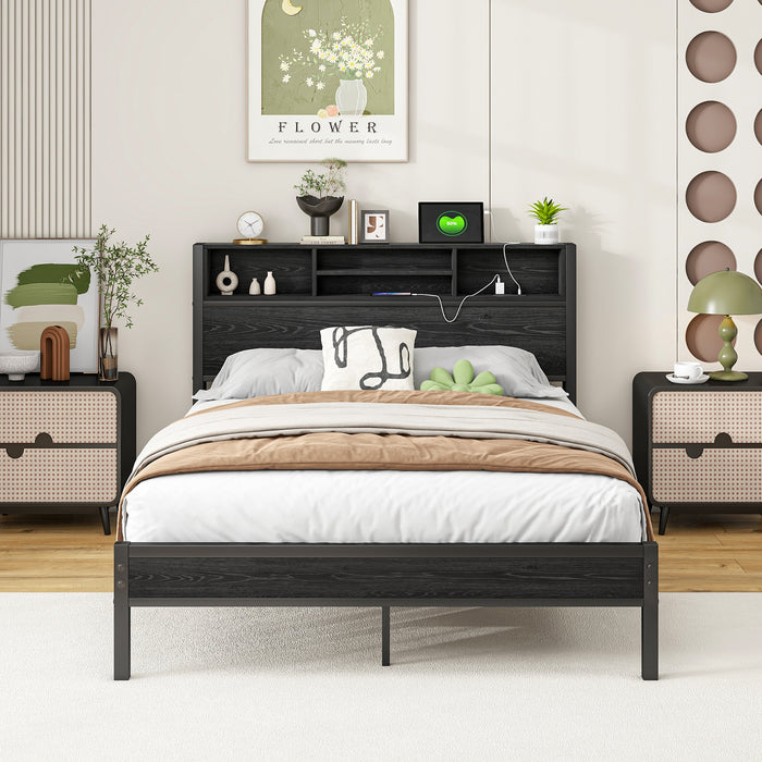 Full Size Bed Frame with Storage Headboard, Metal Platform Bed with Charging Station, Bookcase Storage, No Box Spring Needed, Easy Assembly, Noise-Free, Black - DTYStore