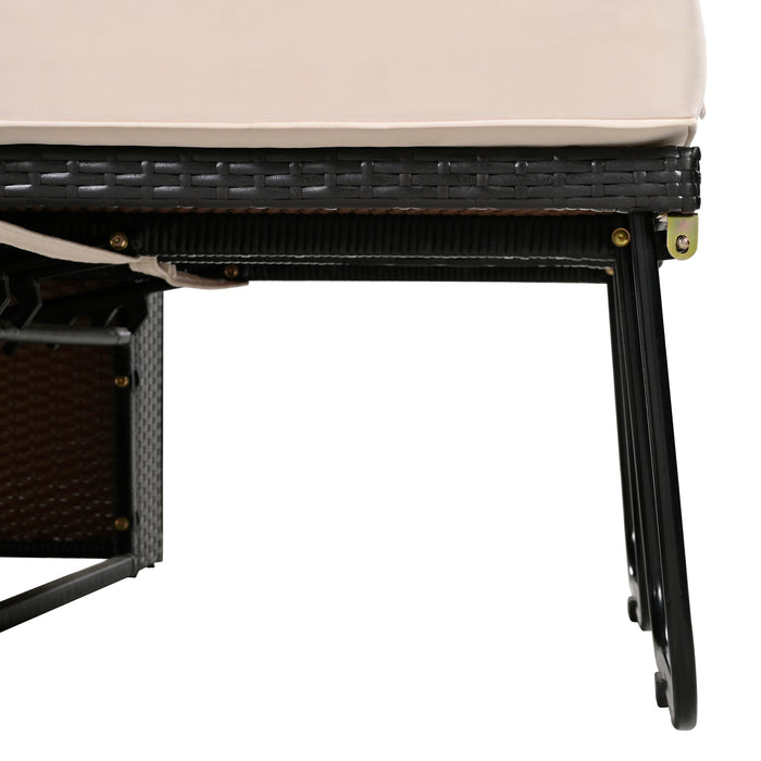 2-Piece Outdoor Rattan Daybed, Outdoor Bed with 5 Positions, Outdoor Loveseat Patio Sofa with Bench Lounge Roof Set and Cushions for Poolside, Backyard and Garden (Brown Wicker + Beige Fabric) - DTYStore