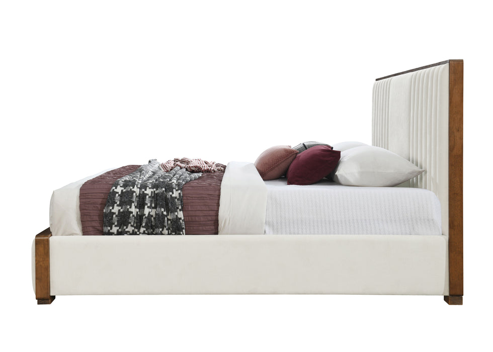 Kaleea Beige Chenille & Walnut Finish EK Bed - DTYStore