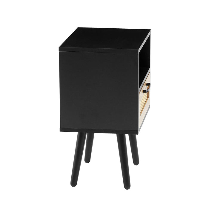 15.75" Rattan End table with drawer and solid wood legs, Modern nightstand, side table for living room, bedroom, black - DTYStore