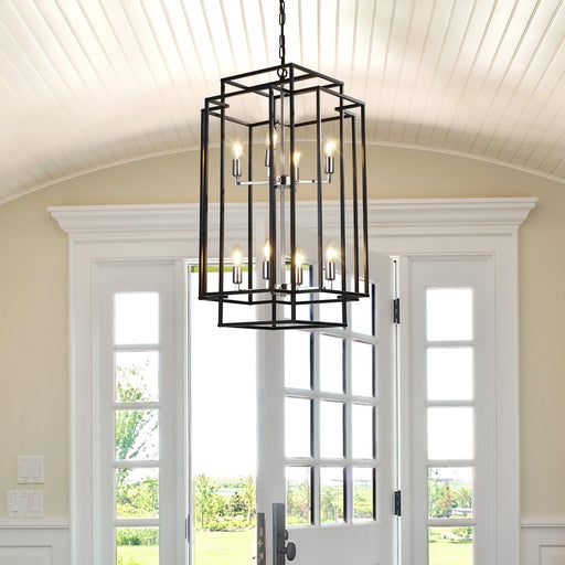 8-Lights Lantern Tiered Pendant Light Fixtures, Industrial Farmhouse Hanging Chandelier for Entryway, Foyer, Living Room, Kitchen Island, Staircase(Black & Silver) - DTYStore