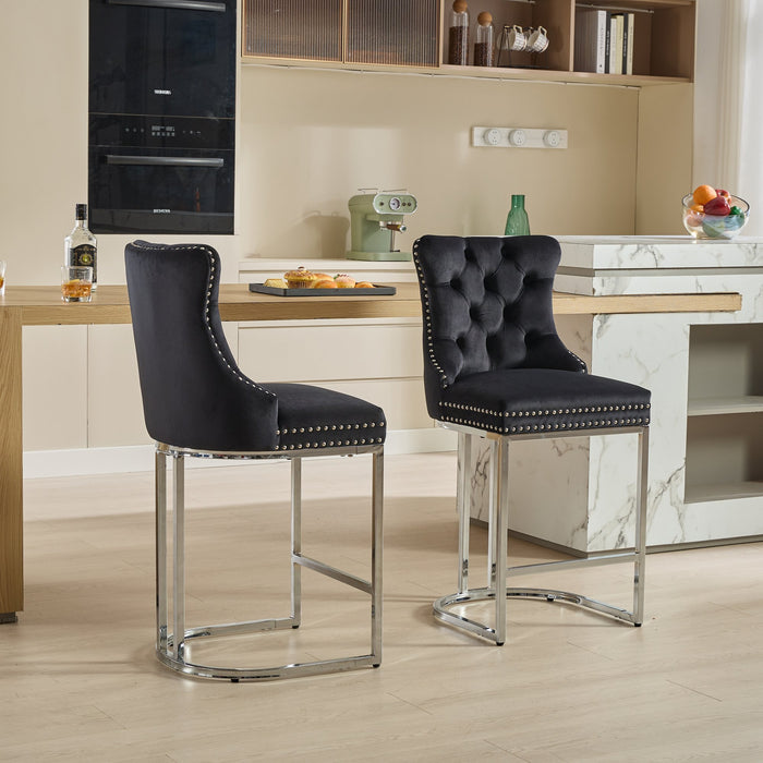 25' Counter Height Bar Stools Set of 2, Modern Velvet Barstools with Button Back&Rivet Trim Upholstered Kitchen Island Chairs with Sturdy Chromed Metal Base Legs Farmhouse Bar Stools, (Black,2 Pack) - DTYStore