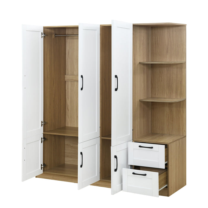 3 Door Wooden Storage Wardrobe for Dedroom with Shelves and 2 Drawers, Side Storage Shelves,White - DTYStore