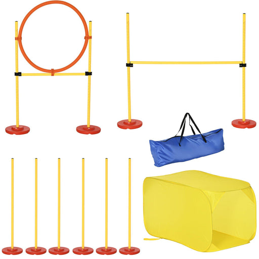 4-Piece Dog Agility Training Equipment Doggie Obstacle Course with Tunnel, Hurdle Bar, Hoop, Weave Poles, and Easy Carry Case - DTYStore