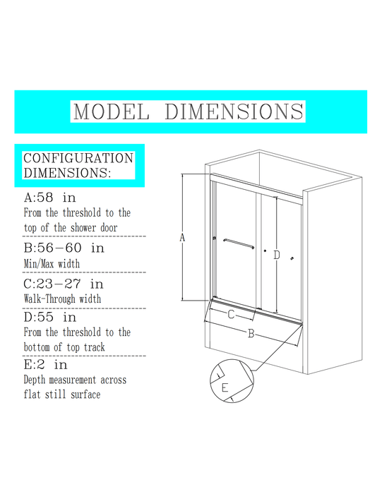 56"-60"W*58" H Semi-Frameless Double Sliding Tub Door, Bypass Bathtub Shower, 1/4" (6mm) Thick SGCC Tempered Glass Door, Matte Black