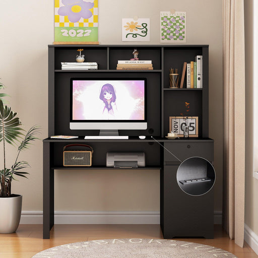 Computer Desk with Hutch & Bookshelf,Wood Executive Desk Teens Student Desk Writing Laptop Home Office Desk with Drawers,3 AC Outlets and 2 USB Charging Ports,Study Laptop Table for Home(Black) - DTYStore