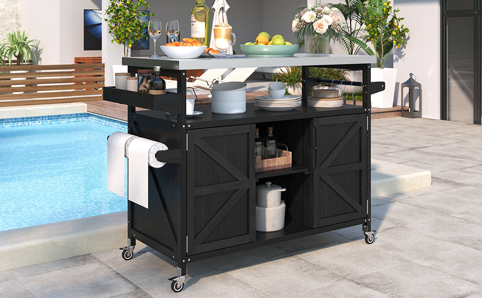 Outdoor Kitchen Island, Rolling Bar Cart & Storage Cabinet, Farmhouse Solid Wood Outdoor Grill Table with Stainless Steel Top, Spice Rack , Towel Rack for Kitchen & Barbecue, Black - DTYStore