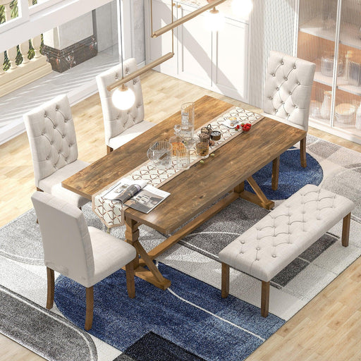 6-Piece Farmhouse Dining Table Set 72" Wood Rectangular Table with Upholstered Chairs and Bench - DTYStore
