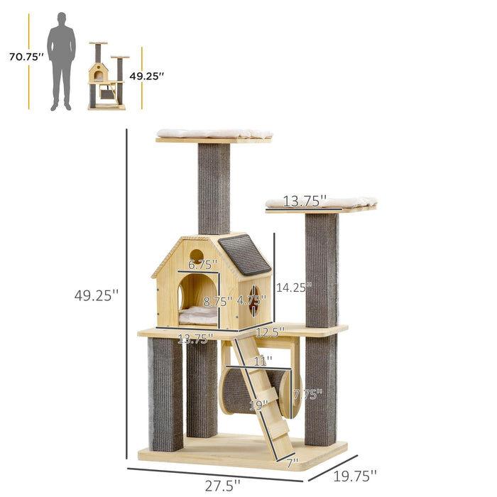 Cozy-House Cat Tree for Indoor Cats with Pillow-Covered Perches, Spinning Toy, Modern Climbing Activity Cat Tower with Scratching Posts, Cat Condo, Ladder, Natural