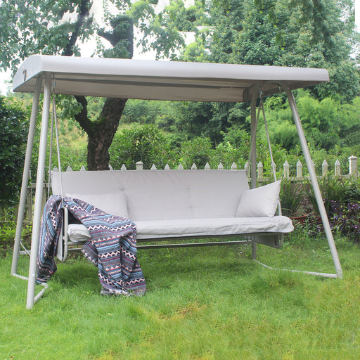 Outdoor Patio 3 seaters Metal Swing Chair Swing bed with Cushion and Adjustable Canopy Champagne Color - DTYStore