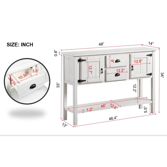 48'' Solid Wood Sideboard Console Table with 2 Drawers and Cabinets and Bottom Shelf, Retro Style Storage Dining Buffet Server Cabinet for Living Room Kitchen Dining Room (Antique White