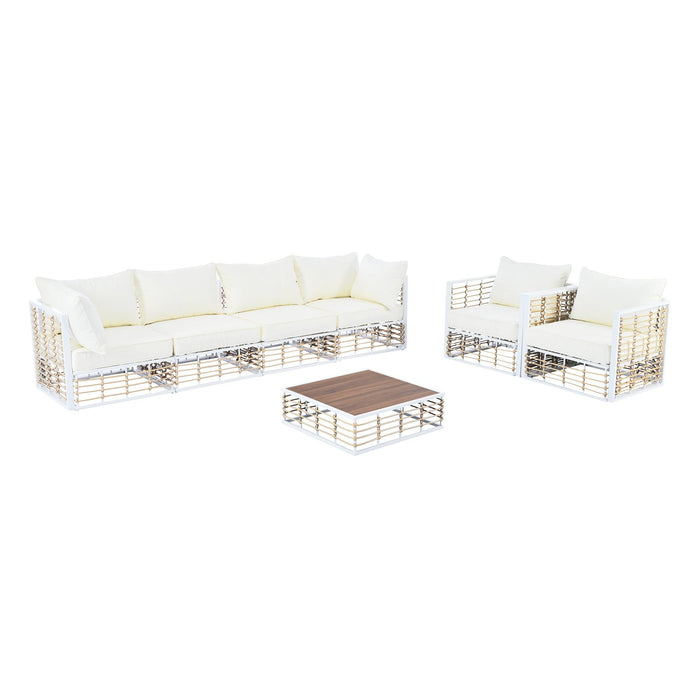 Modern Minimalist 7-Piece Metal Patio Sectional Sofa Set, All-Weather Garden Conversational Furniture Set with Thick Cushions and Coffee Table for Indoor Outdoor, White