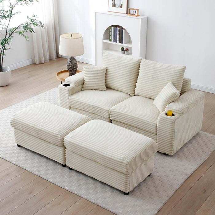 Loveseat with Ottomans,Corduroy Fabric Modular Sectional Sofa,Comfy Deep Plush Couch with Ottomans and Two Pillows,for Small Spaces, Living Room,Bedroom, Office, 5 Colors,Cream