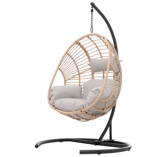 Outdoor Indoor Swing Egg Chair Natural color wicker with beige cushion - DTYStore