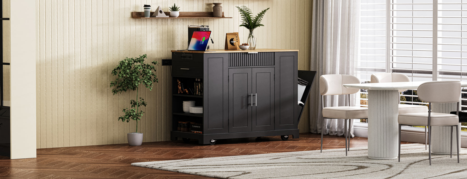 Fluted Kitchen Island with Trash Can Storage Cabinet, Power Outlet, Internal Storage Rack, Rolling Kitchen Islands on 5 Wheels with 3 Drawer, 3 Open Side Racks for 10 Gallon Garbage Bin, Black - DTYStore