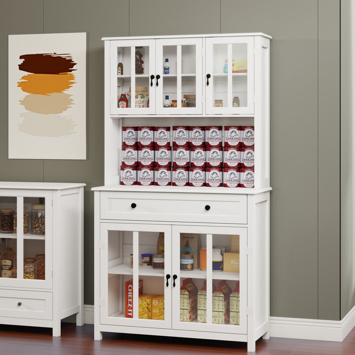 71' Pantry Storage Cabinet with Microwave Oven Countertop, Freestanding Hutch Cabinet with 3 Adjustable Shelves, 5 glass Doors and 1 Large Drawer-White - DTYStore