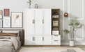 3 Door Wooden Storage Wardrobe for Dedroom with Shelves and 2 Drawers, Side Storage Shelves,White - DTYStore