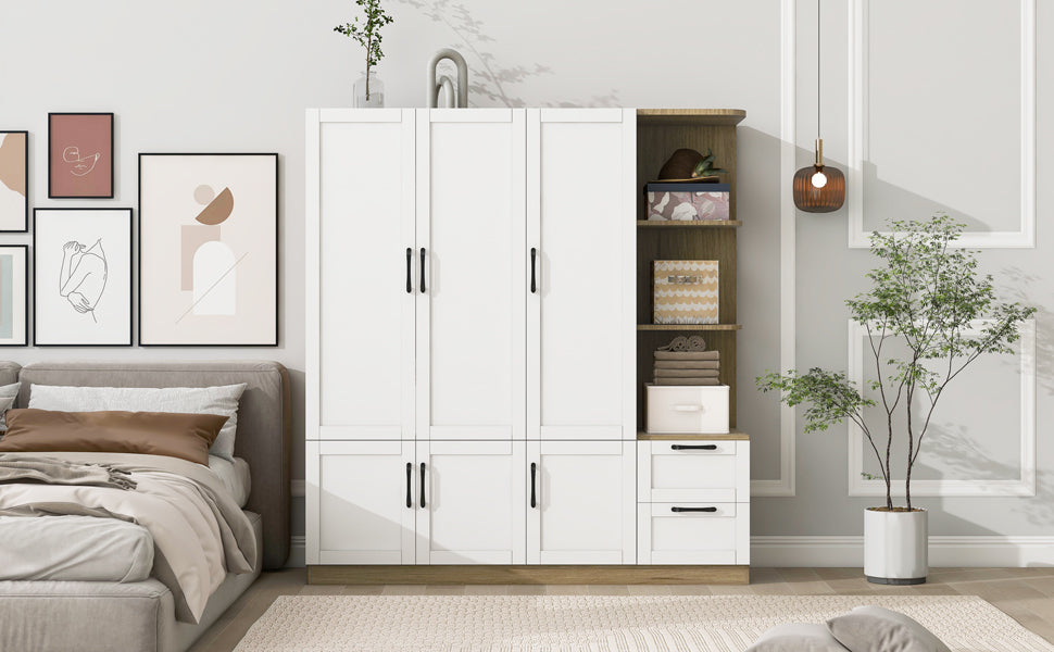 3 Door Wooden Storage Wardrobe for Dedroom with Shelves and 2 Drawers, Side Storage Shelves,White - DTYStore